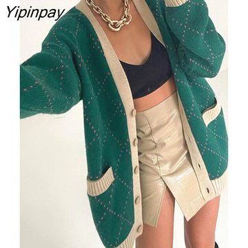 Yipinpay Block Plaid Knit Sweater Sexy Button Up Cardigan Long Sleeve Loose Tops V Neck With Pockets Streetwear Baggy Sweater Coats